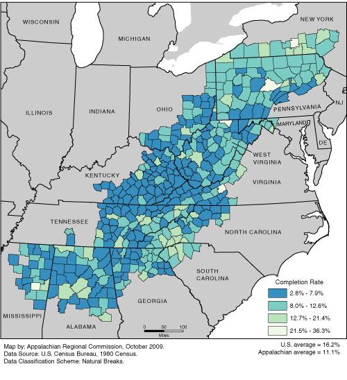 This map shows the college completion rate of adults in each of the ARC counties. Appalachian college completion rates range from 2.8% to 36.3%. The Appalachian average is 11.1%. The U.S. average is 16.2%. For a list of county data by state, see the downloadable Excel file.