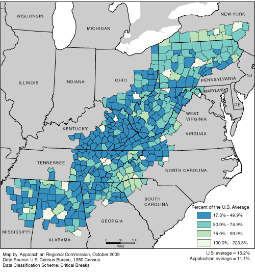 This map shows the college completion rate of adults in each of the ARC counties, as a percentage of the U.S. average. The Appalachian rates range from 17.3% to 223.8% of the U.S. average. The U.S. average is 16.2%. The Appalachian average is 11.1%. For a list of county data by state, see the downloadable Excel file.