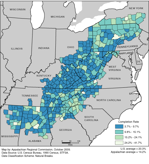 This map shows the college completion rate of adults in each of the ARC counties. Appalachian college completion rates range from 3.7% to 41.7%. The Appalachian average is 14.2%. The U.S. average is 20.3%. For a list of county data by state, see the downloadable Excel file.