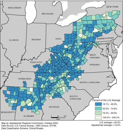 This map shows the college completion rate of adults in each of the ARC counties, as a percentage of the U.S. average. The Appalachian rates range from 18.1% to 205.2% of the U.S. average. The U.S. average is 20.3%. The Appalachian average is 14.2%. For a list of county data by state, see the downloadable Excel file.