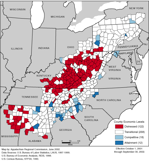 This map shows ARC's economic classification of the 410 counties in the Appalachian Region for FY 2002 (October 1, 2001 through September 30, 2002). One hundred twenty-two counties are classified as distressed, 258 are classified as transitional, 18 are classified as competitive, and 12 are classified as attainment. For a list of county classifications, see the downloadable Excel file.