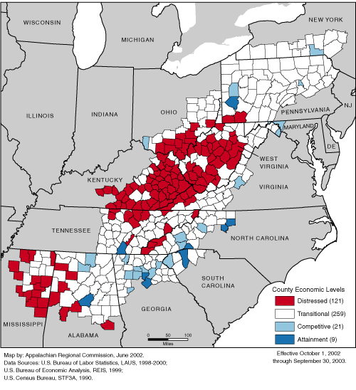 This maps shows ARC's economic classification of the 410 counties in the Appalachian Region for FY 2003 (October 1, 2002 through September 30, 2003). One hundred twenty-one counties are classified as distressed, 259 are classified as transitional, 21 are classified as competitive, and 9 are classified as attainment. For a list of county classifications, see the downloadable Excel file.