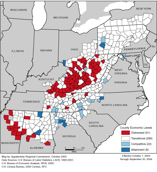 This maps shows ARC’s economic classification of the 410 counties in the Appalachian Region for FY 2004 (October 1, 2003 through September 30, 2004). Ninety-one counties are classified as distressed, 289 are classified as transitional, 22 are classified as competitive, and 8 are classified as attainment. For a list of county classifications, see the downloadable Excel file.