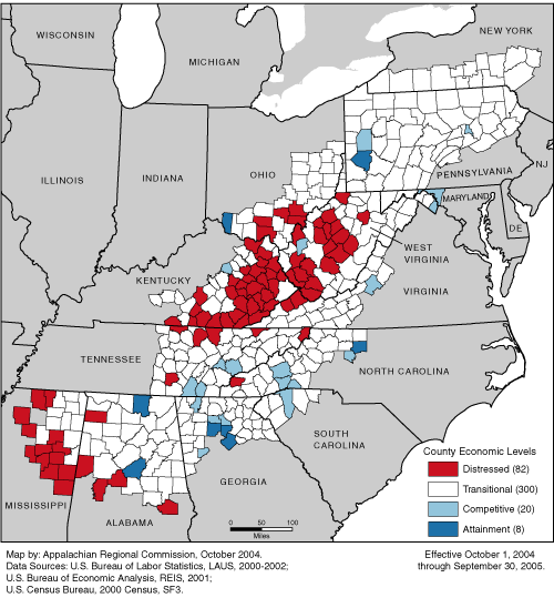 This maps shows ARC’s economic classification of the 410 counties in the Appalachian Region for FY 2005 (October 1, 2004 through September 30, 2005). Eighty-two counties are classified as distressed, 300 are classified as transitional, 20 are classified as competitive, and 8 are classified as attainment. For a list of county classifications, see the downloadable Excel file.
