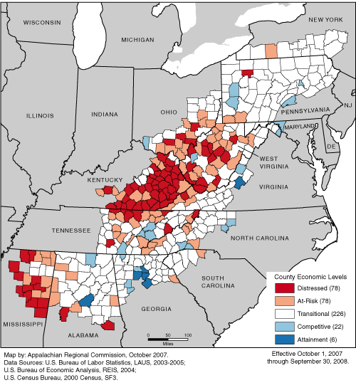 This map shows ARC’s economic classification of the 410 counties in the Appalachian Region for FY 2008 (October 1, 2007 through September 30, 2008). Seventy-eight counties are classified as distressed, 78 are classified as at-risk, 226 are classified as transitional, 22 are classified as competitive, and 6 are classified as attainment. For a list of county classifications, see the downloadable Excel file.
