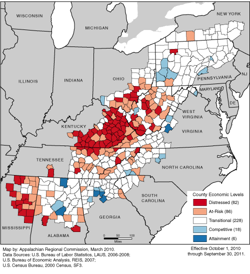 This map shows ARC’s economic classification of the 420 counties in the Appalachian Region for FY 2011 (October 1, 2010 through September 30, 2011). Eighty-two counties are classified as distressed, 86 are classified as at-risk, 228 are classified as transitional, 18 are classified as competitive, and 6 are classified as attainment. For a list of county classifications, see the downloadable Excel file.