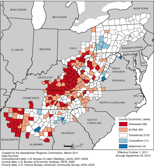 This map shows ARC’s economic classification of the 420 counties in the Appalachian Region for FY 2012 (October 1, 2011 through September 30, 2012). Ninety-six counties are classified as distressed, 90 are classified as at-risk, 219 are classified as transitional, 11 are classified as competitive, and 4 are classified as attainment. For a list of county classifications, see the downloadable Excel file.