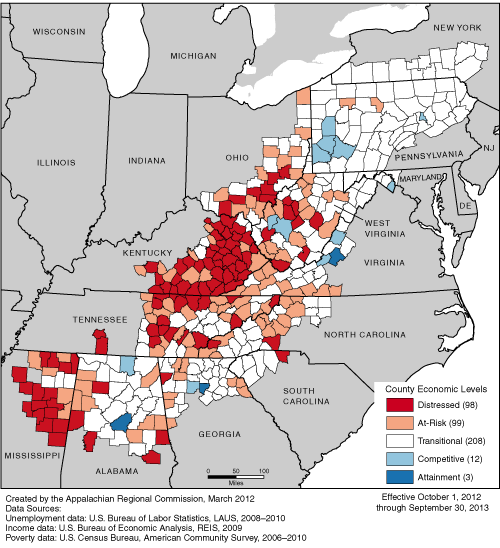 This map shows ARC’s economic classification of the 420 counties in the Appalachian Region for FY 2013 (October 1, 2012 through September 30, 2013). Ninety-eight counties are classified as distressed, 99 are classified as at-risk, 208 are classified as transitional, 12 are classified as competitive, and 3 are classified as attainment. For a list of county classifications, see the downloadable Excel file.