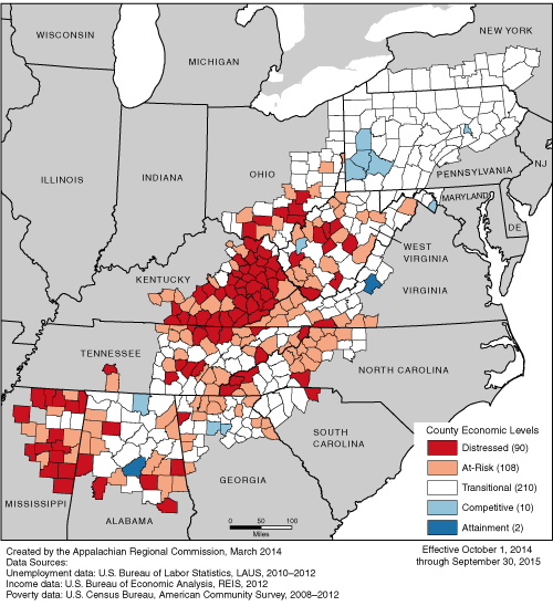 This map shows ARC’s economic classification of the 420 counties in the Appalachian Region for FY 2015 (October 1, 2014 through September 30, 2015). Ninety counties are classified as distressed, 108 are classified as at-risk, 210 are classified as transitional, 10 are classified as competitive, and 2 are classified as attainment. For a list of county classifications, see the downloadable Excel file.