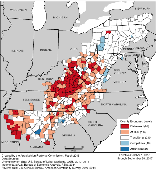 This map shows ARC’s economic classification of the 420 counties in the Appalachian Region for FY 2017 (October 1, 2016 through September 30, 2017). Eighty-four counties are classified as distressed, 114 are classified as at-risk, 210 are classified as transitional, 10 are classified as competitive, and 2 are classified as attainment. For a list of county classifications, see the downloadable Excel file.