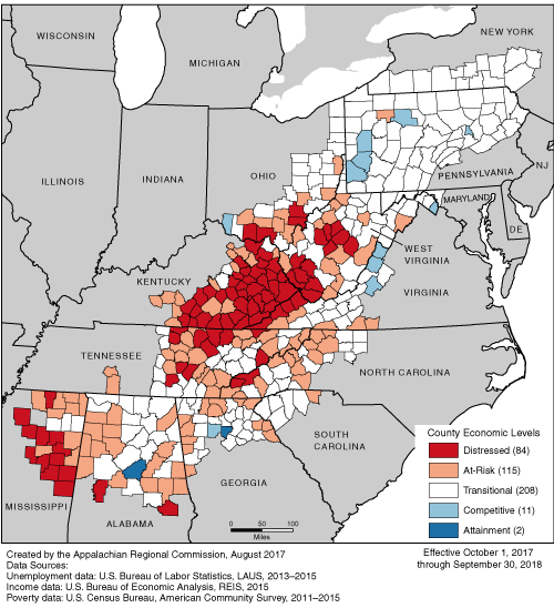 This map shows ARC’s economic classification of the 420 counties in the Appalachian Region for FY 2018 (October 1, 2017 through September 30, 2018). Eighty-four counties are classified as distressed, 115 are classified as at-risk, 208 are classified as transitional, 11 are classified as competitive, and 2 are classified as attainment. For a list of county classifications, see the downloadable Excel file.