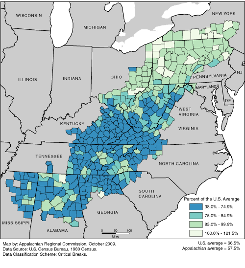 This map shows the high school completion rate of adults in each of the ARC counties, as a percentage of the U.S. average. The Appalachian rates range from 38.0% to 121.5% of the U.S. average. The U.S. average is 66.5%. The Appalachian average is 57.5%. For a list of county data by state, see the downloadable Excel file.