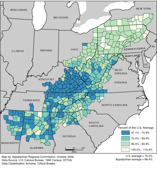 This map shows the high school completion rate of adults in each of the ARC counties, as a percentage of the U.S. average. The Appalachian rates range from 47.1% to 115.9% of the U.S. average. The U.S. average is 75.2%. The Appalachian average is 68.4%. For a list of county data by state, see the downloadable Excel file.