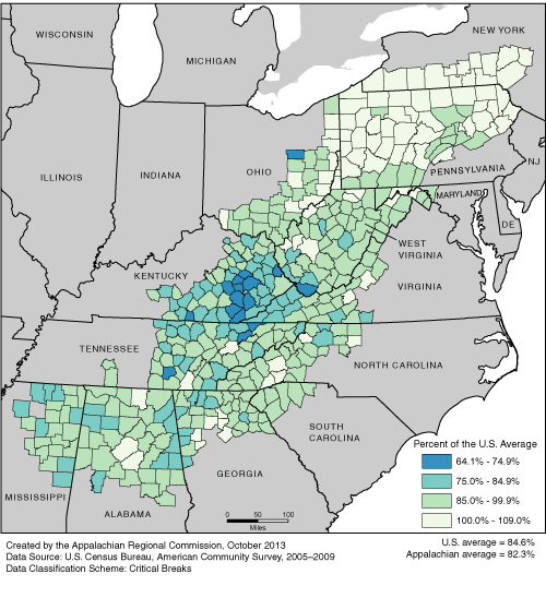This map shows the high school completion rate of persons ages 25 and over in each of the ARC counties, as a percentage of the U.S. average. The Appalachian rates range from 64.1% to 109.0% of the U.S. average. The U.S. average is 84.6%. The Appalachian average is 82.3%. For a list of county data by state, see the downloadable Excel file.
