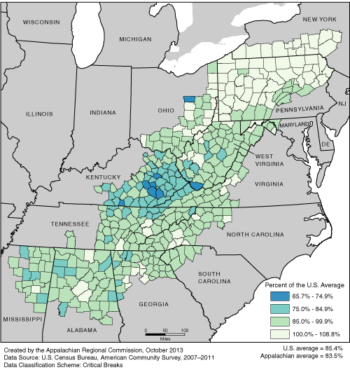 This map shows the high school completion rate of persons ages 25 and over in each of the ARC counties, as a percentage of the U.S. average. The Appalachian rates range from 65.7% to 108.8% of the U.S. average. The U.S. average is 85.4%. The Appalachian average is 83.5%. For a list of county data by state, see the downloadable Excel file.