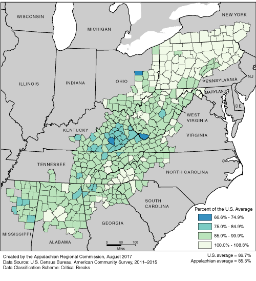 This map shows the high school completion rate of persons ages 25 and over in each of the ARC counties, as a percentage of the U.S. average. The Appalachian rates range from 66.6% to 108.8% of the U.S. average. The U.S. average is 86.7%. The Appalachian average is 85.5%. For a list of county data by state, see the downloadable Excel file.