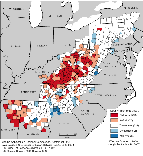 This map shows ARC’s economic classification of the 410 counties in the Appalachian Region for FY 2007 (October 1, 2006 through September 30, 2007). Seventy-eight counties are classified as distressed, 78 are classified as at-risk, 221 are classified as transitional, 26 are classified as competitive, and 7 are classified as attainment. For a list of county classifications, see the downloadable Excel file.