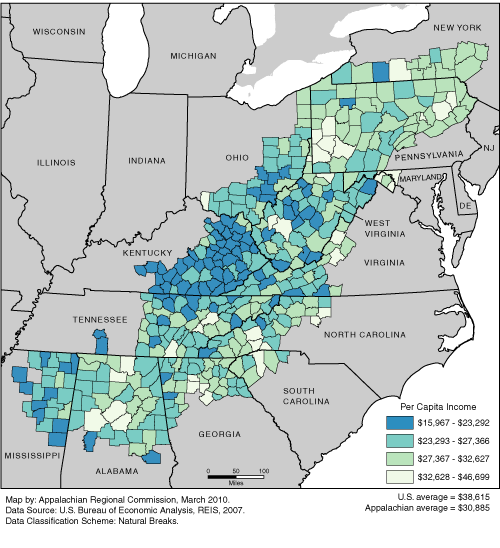 This map shows the per capita income rate in each of the ARC counties. The Appalachian per capita income rates range from $15,967, to $46,699. The Appalachian average is $30,885. The U.S. average is $38,615. For a list of county data by state, see the downloadable Excel file.
