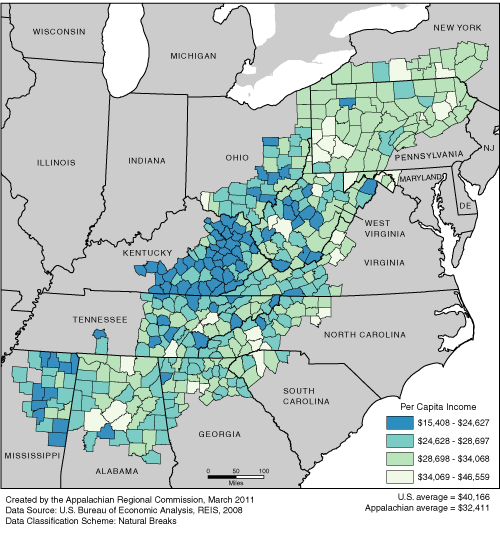 This map shows the per capita income rate in each of the ARC counties. The Appalachian per capita income rates range from $15,408, to $46,559. The Appalachian average is $32,411. The U.S. average is $40,166. For a list of county data by state, see the downloadable Excel file.