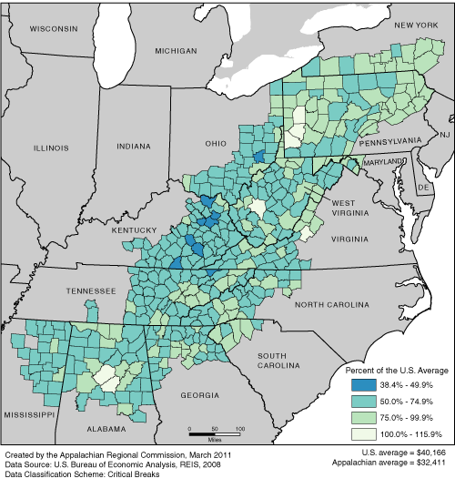 This map shows the per capita income rate in each of the ARC counties, as a percentage of the U.S. average. The Appalachian rates range from 38.4% to 115.9% of the U.S average. The U.S. average is $40,166. The Appalachian average is $32,411. For a list of county data by state, see the downloadable Excel file.
