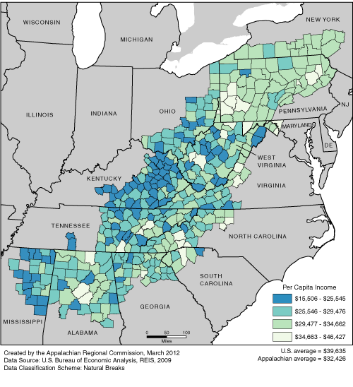 This map shows the per capita income rate in each of the ARC counties. The Appalachian per capita income rates range from $15,506, to $46,427. The Appalachian average is $32,426. The U.S. average is $39,635. For a list of county data by state, see the downloadable Excel file.