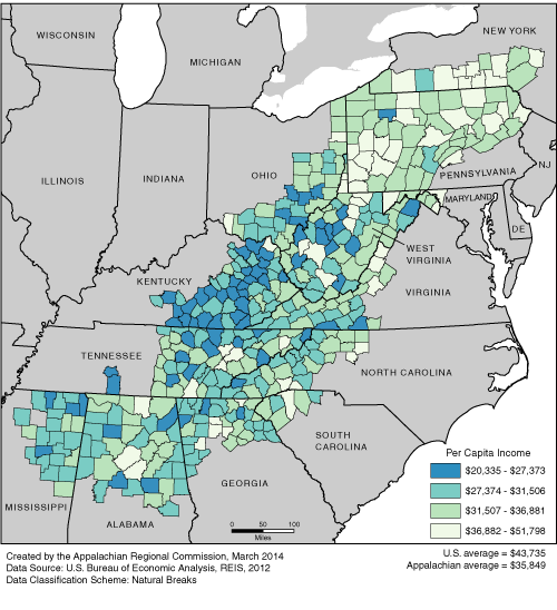 This map shows the per capita income rate in each of the ARC counties. The Appalachian per capita income rates range from $20,335, to $51,798. The Appalachian average is $35,849. The U.S. average is $43,735. For a list of county data by state, see the downloadable Excel file.
