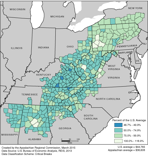 This map shows the per capita income rate in each of the ARC counties, as a percentage of the U.S. average. The Appalachian rates range from 46.7% to 118.9% of the U.S average. The U.S. average is $44,765. The Appalachian average is $36,608. For a list of county data by state, see the downloadable Excel file.
