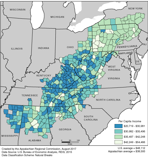 This map shows the per capita income rate in each of the ARC counties. The Appalachian per capita income rates range from $20,719, to $54,466. The Appalachian average is $38,593. The U.S. average is $48,112. For a list of county data by state, see the downloadable Excel file.