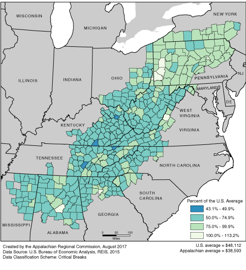 This map shows the per capita income rate in each of the ARC counties, as a percentage of the U.S. average. The Appalachian rates range from 43.1% to 113.2% of the U.S average. The U.S. average is $48,112. The Appalachian average is $38,593. For a list of county data by state, see the downloadable Excel file.