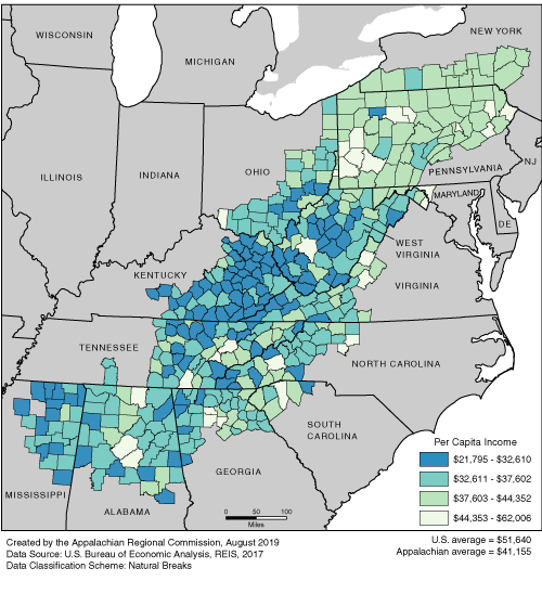This map shows the per capita income rate in each of the ARC counties. The Appalachian per capita income rates range from $21,795, to $62,006. The Appalachian average is $41,155. The U.S. average is $51,640. For a list of county data by state, see the downloadable Excel file.