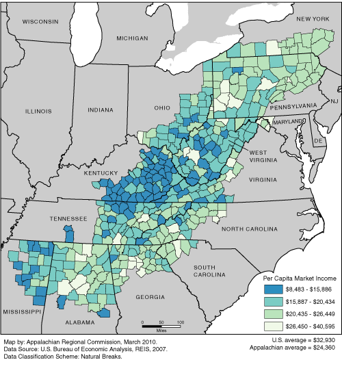 This map shows the per capita market income rate in each of the ARC counties. The Appalachian per capita market income rates range from $8,483 to $40,595. The Appalachian average is $24,360. The U.S. average is $32,930. For a list of county data by state, see the downloadable Excel file.