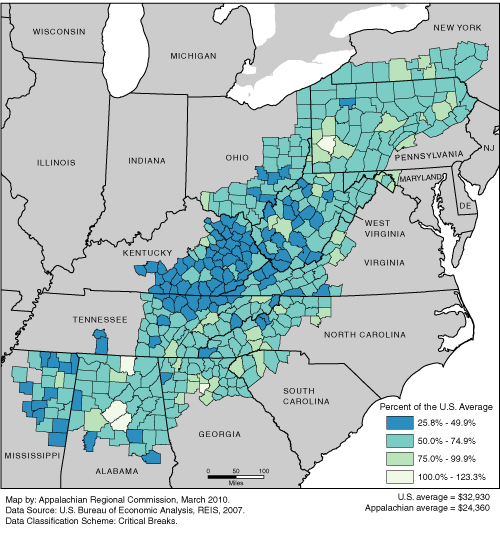 This map shows the per capita market income rate in each of the ARC counties, as a percentage of the U.S. average. The Appalachian rates range from 25.8% to 123.3% of the U.S. average. The U.S. average is $32,930. The Appalachian average is $24,360. For a list of county data by state, see the downloadable Excel file.