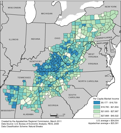 This map shows the per capita market income rate in each of the ARC counties. The Appalachian per capita market income rates range from $9,177 to $40,522. The Appalachian average is $25,391. The U.S. average is $34,004. For a list of county data by state, see the downloadable Excel file.