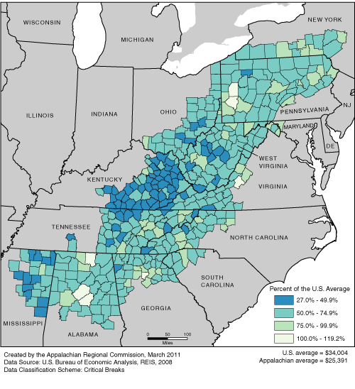 This map shows the per capita market income rate in each of the ARC counties, as a percentage of the U.S. average. The Appalachian rates range from 27.0% to 119.2% of the U.S. average. The U.S. average is $34,004. The Appalachian average is $25,391. For a list of county data by state, see the downloadable Excel file.