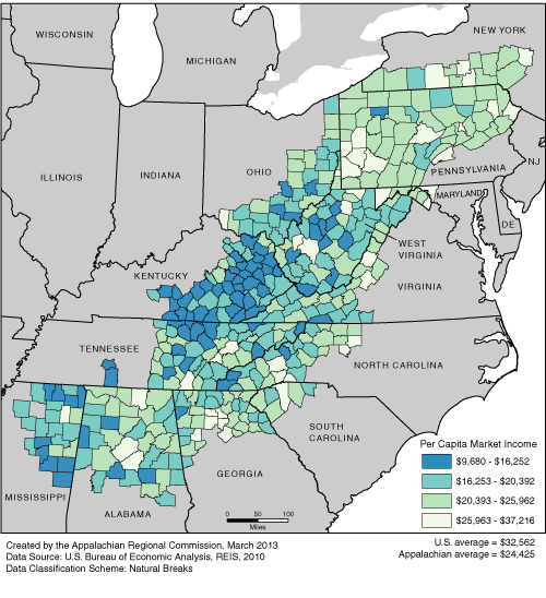 This map shows the per capita market income rate in each of the ARC counties. The Appalachian per capita market income rates range from $9,680 to $37,216. The Appalachian average is $24,425. The U.S. average is $32,562. For a list of county data by state, see the downloadable Excel file.