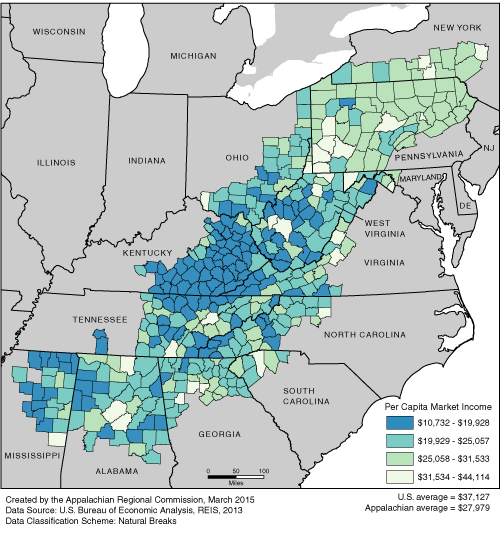 This map shows the per capita market income rate in each of the ARC counties. The Appalachian per capita market income rates range from $10,732 to $44,114. The Appalachian average is $27,979. The U.S. average is $37,127. For a list of county data by state, see the downloadable Excel file.