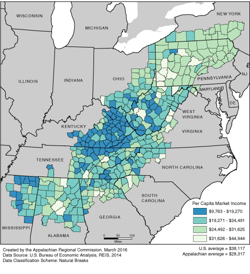 This map shows the per capita market income rate in each of the ARC counties. The Appalachian per capita market income rates range from $9,763 to $44,944. The Appalachian average is $28,317. The U.S. average is $38,117. For a list of county data by state, see the downloadable Excel file.