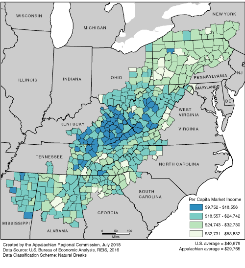This map shows the per capita market income rate in each of the ARC counties. The Appalachian per capita market income rates range from $9,752 to $53,832. The Appalachian average is $29,765. The U.S. average is $40,679. For a list of county data by state, see the downloadable Excel file.