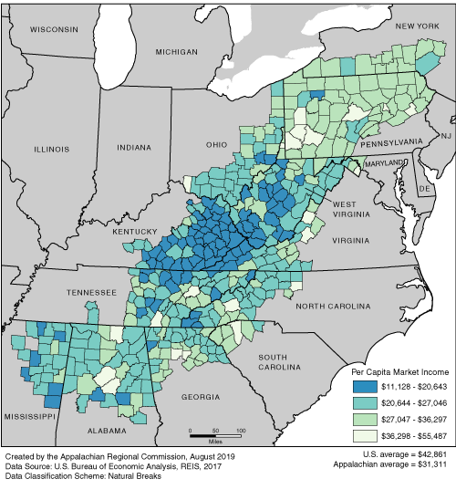 This map shows the per capita market income rate in each of the ARC counties. The Appalachian per capita market income rates range from $11,128 to $55,487. The Appalachian average is $31,311. The U.S. average is $42,861. For a list of county data by state, see the downloadable Excel file.