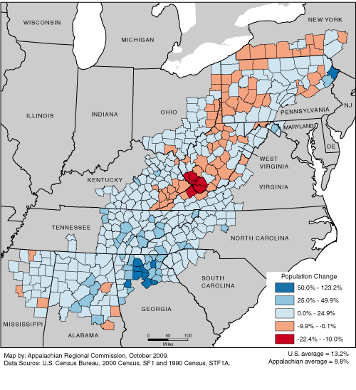 This map shows the population change in Appalachian counties from 1990 to 2000 as a percentage of the 1990 population. County rates range from 123.2% to -22.4%. The U.S rate is 13.2%. The Appalachian rate is 8.8%. For data on individual counties, see the downloadable Excel file.