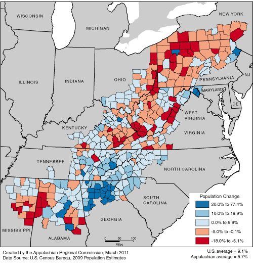 This map shows the population change in Appalachian counties from 2000 to 2009 as a percentage of the 2000 population. County rates range from 77.4% to -18.0%. The U.S rate is 9.1%. The Appalachian rate is 5.7%. For data on individual counties, see the downloadable Excel file.
