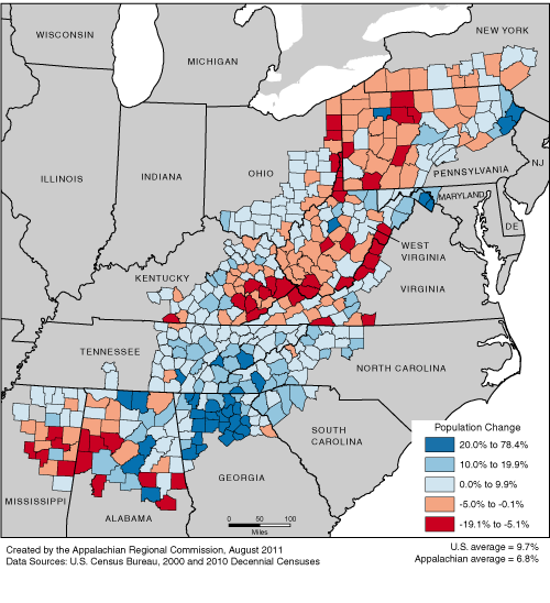 This map shows the population change in Appalachian counties from 2000 to 2010 as a percentage of the 2000 population. County rates range from 78.4% to -19.1%. The U.S rate is 9.7%. The Appalachian rate is 6.8%. For data on individual counties, see the downloadable Excel file.
