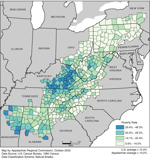 This map shows the poverty rate in each of the ARC counties. Appalachian poverty rates range from 5.6% to 48.3%. The Appalachian average is 14.0%. The U.S. average is 12.4%. For a list of county data by state, see the downloadable Excel file.