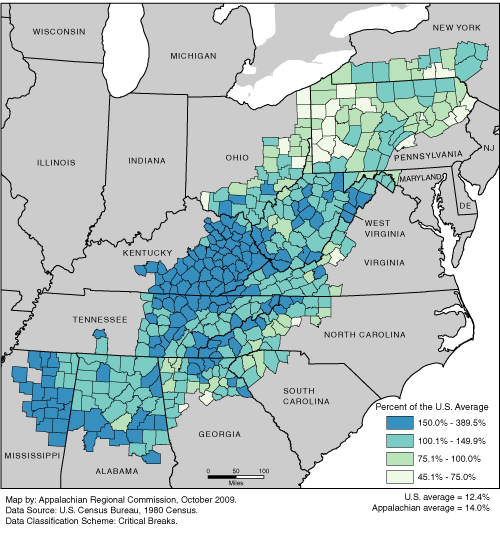 This map shows the poverty rate in each of the ARC counties, as a percentage of the U.S. average. The Appalachian rates range from 45.1% to 389.5% of the U.S. average. The U.S. average is 12.4%. The Appalachian average is 14.0%. For a list of county data by state, see the downloadable Excel file.