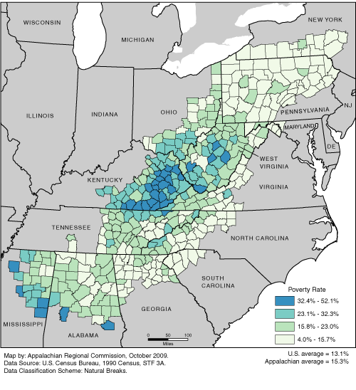 This map shows the poverty rate in each of the ARC counties. Appalachian poverty rates range from 4.0% to 52.1%. The Appalachian average is 15.3%. The U.S. average is 13.1%. For a list of county data by state, see the downloadable Excel file.