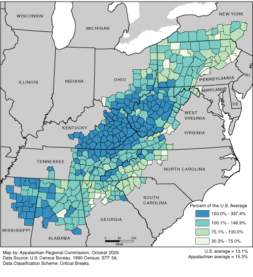 This map shows the poverty rate in each of the ARC counties, as a percentage of the U.S. average. The Appalachian rates range from 30.3% to 397.4% of the U.S. average. The U.S. average is 15.3%. The Appalachian average is 13.1%. For a list of county data by state, see the downloadable Excel file.