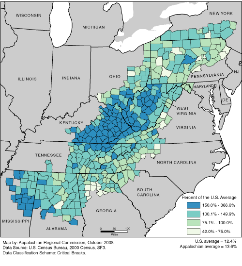 This map shows the poverty rate in each of the Appalachian counties, as a percentage of the U.S. average. The Appalachian rates range from 42.0% to 366.6% of the U.S. average. The U.S. average is 12.4%. The Appalachian average is 13.6%. For a list of county data by state, see the downloadable Excel file.