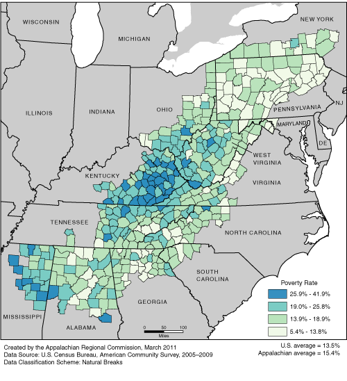 This map shows the poverty rate in each of the ARC counties. Appalachian poverty rates range from 5.4% to 41.9%. The Appalachian average is 15.4%. The U.S. average is 13.5%. For a list of county data by state, see the downloadable Excel file.