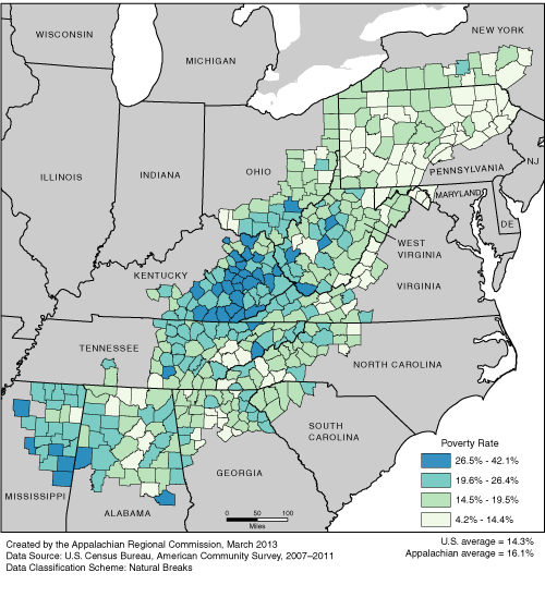 This map shows the poverty rate in each of the ARC counties. Appalachian poverty rates range from 4.2% to 42.1%. The Appalachian average is 16.1%. The U.S. average is 14.3%. For a list of county data by state, see the downloadable Excel file.