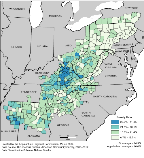 This map shows the poverty rate in each of the ARC counties. Appalachian poverty rates range from 6.7% to 41.4%. The Appalachian average is 16.6%. The U.S. average is 14.9%. For a list of county data by state, see the downloadable Excel file.